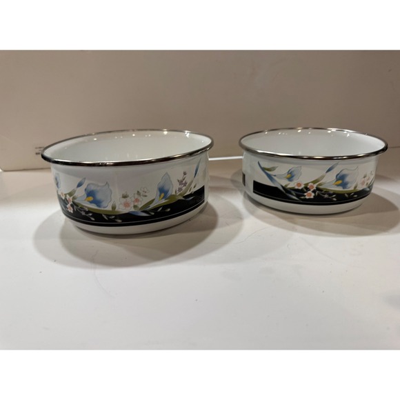 Enamel Bowls Set Blue stacking Iris Floral Design Kitchenware one lid B2.50 - Picture 4 of 9